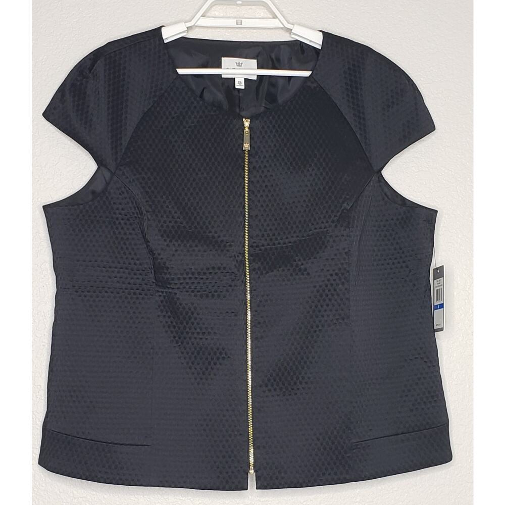 CHAUS Top Womens XL Black Cap Sleeve Gold Zip Front Scoop Neck‎ w/ Pockets NWT